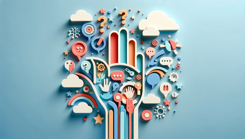 Paper-cut illustration featuring various presentation feedback questions in a creative layout and vibrant colors.