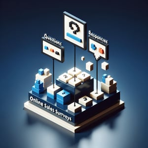 3D voxel art depicting online sales surveys with a dark blue background.