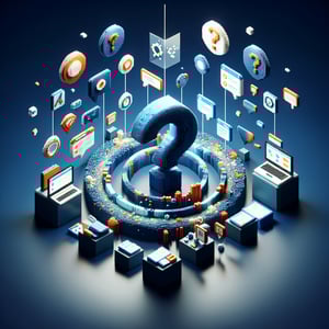 3D voxel art depicting the concept of online QA surveys on a dark blue background.