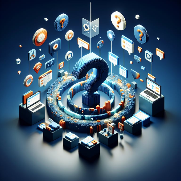 3D voxel art depicting the concept of online QA surveys on a dark blue background.