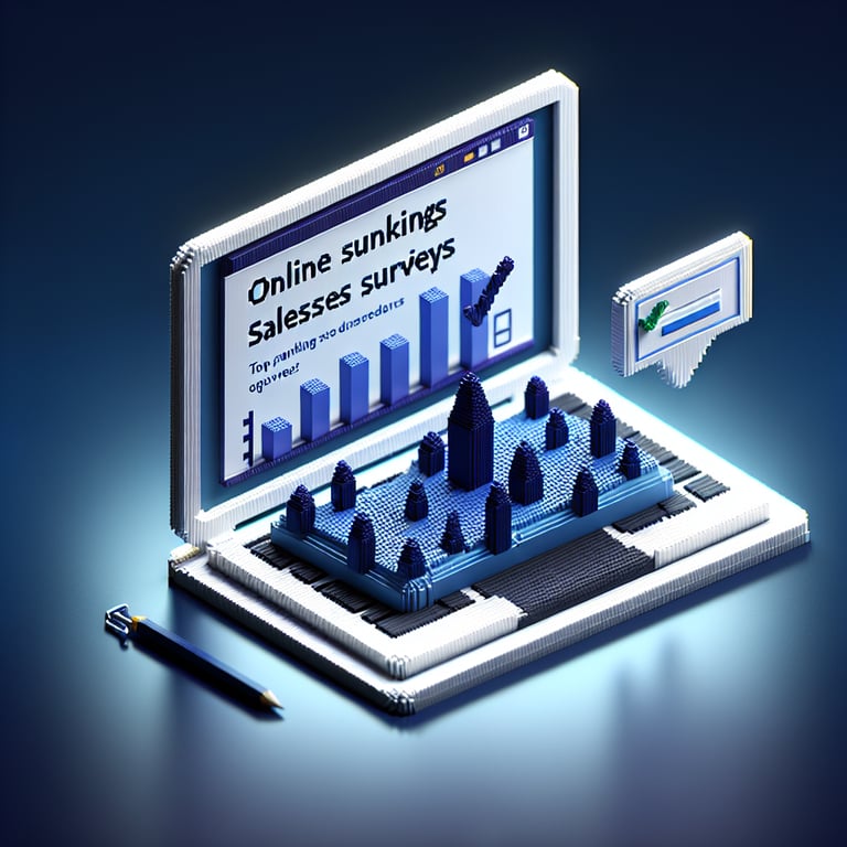3D voxel art depicting online survey process, symbolizing best sales survey questions on a dark blue background.