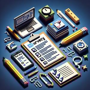 3D voxel art of online surveys on a dark blue background, symbolizing homework survey questions.