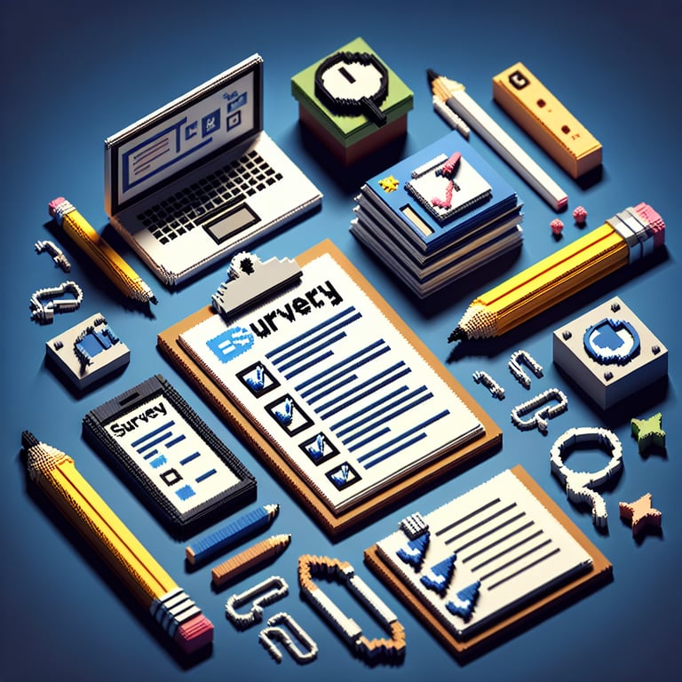 3D voxel art of online surveys on a dark blue background, symbolizing homework survey questions.