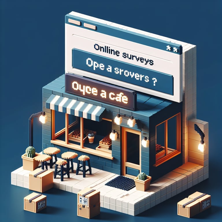 3D voxel art depicting online survey concept with a dark blue background, relevant to cafe opening queries.