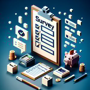 3D voxel art depicting online banking customer surveys on a dark blue background.