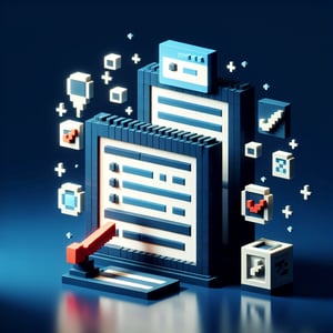 3D voxel art illustrating online survey concept on a dark blue background for new system survey samples.