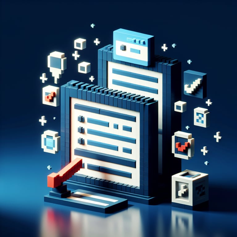 3D voxel art illustrating online survey concept on a dark blue background for new system survey samples.