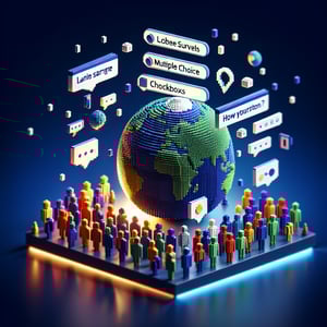 3D voxel art depicting the concept of online language surveys, set against a dark blue background.