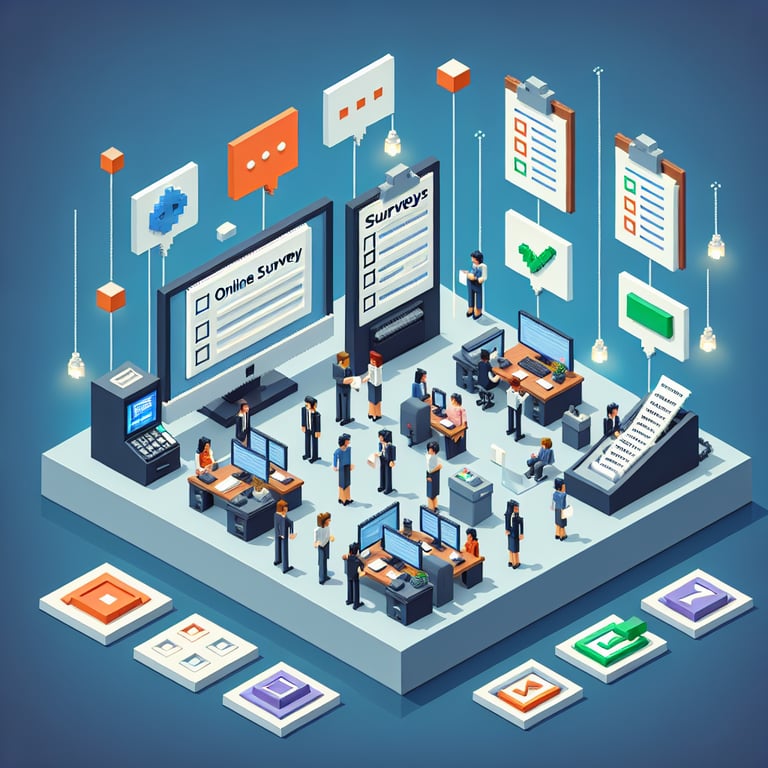 3D voxel art depicting online surveys on a dark blue background, symbolizing payroll system survey questions.