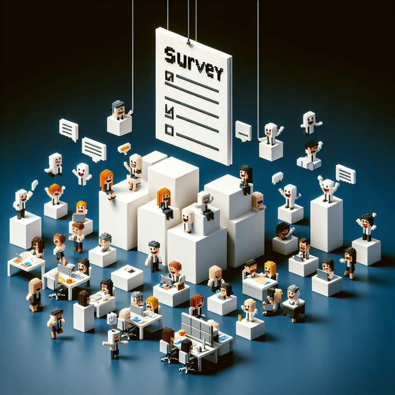 3D voxel art depicting the concept of fun office surveys with a dark blue background.