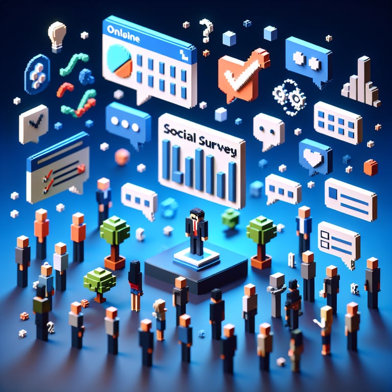 3D voxel art depicting online social media surveys on a dark blue background.