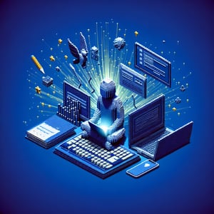 3D voxel art depicting online stress survey concept on a dark blue background.
