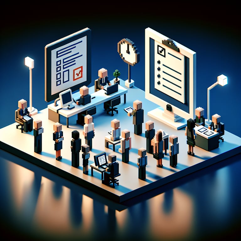 Creative 3D voxel composition illustrating HR department survey template sample
