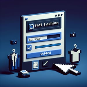 3D voxel art depicting online fast fashion surveys on a dark blue background.