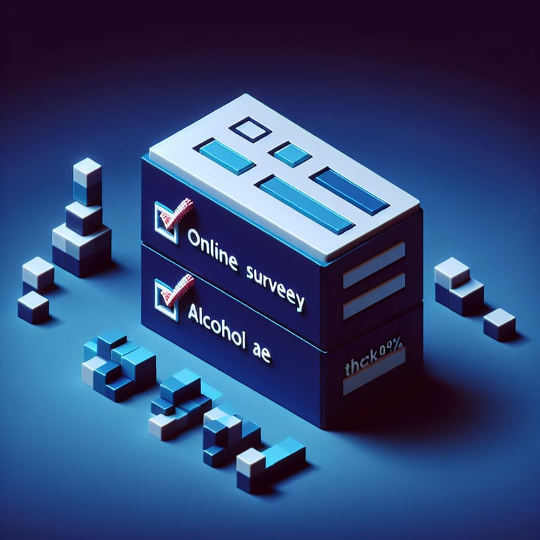 3D voxel art depicting online alcohol abuse survey concept on a dark blue background.