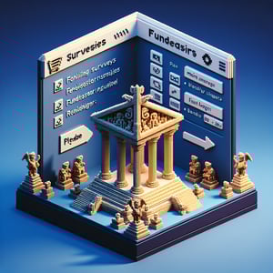 3D voxel art depicting the concept of online fundraiser surveys on a dark blue background.