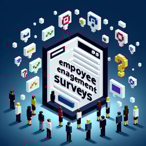 3D voxel art depicting online employee engagement surveys on a dark blue background.