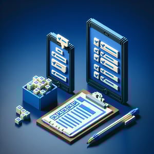 3D voxel art depicting online surveys concept, set against a dark blue background for mobile app development.