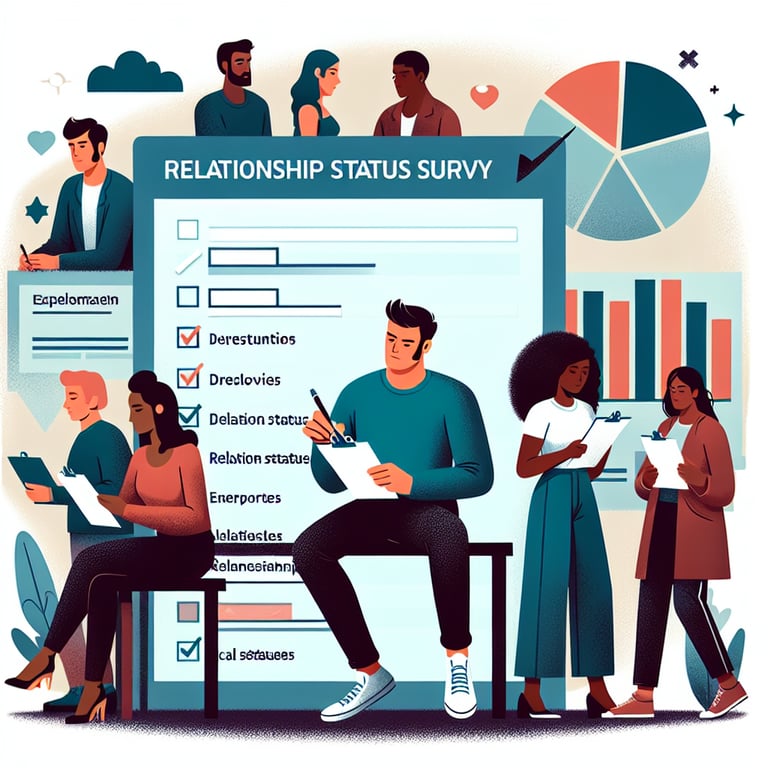 Illustration depicting various topics explored in Relationship Status survey questions.