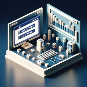 3D voxel art depicting online freshman surveys against a dark blue background.