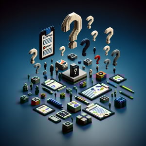 3D voxel art depicting online employee surveys, with dark blue background and engaging elements.