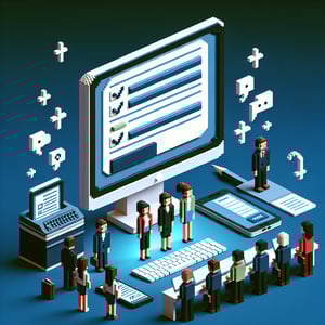 3D voxel art symbolizing online guest satisfaction surveys on a dark blue background.