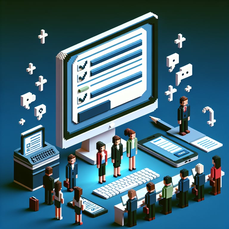 3D voxel art symbolizing online guest satisfaction surveys on a dark blue background.