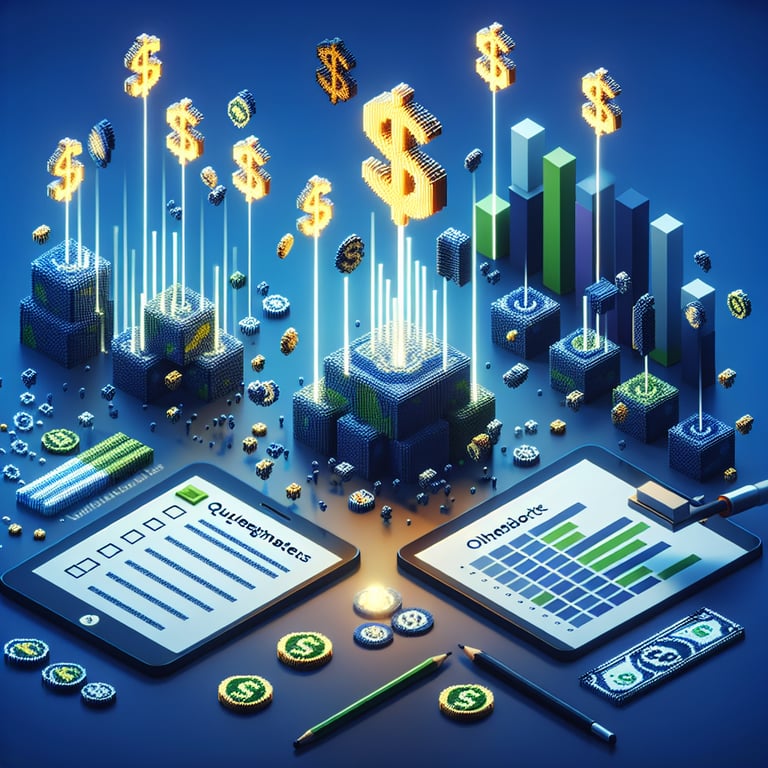 3D voxel art depicting online economic demonetisation surveys on a dark blue background.