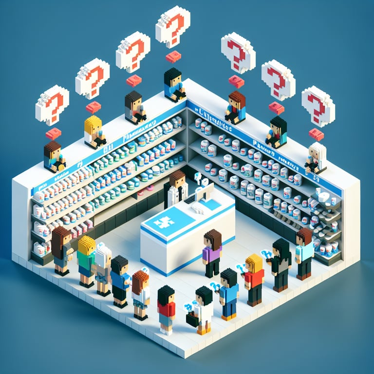3D voxel art depicting online pharmacy customer surveys on a dark blue background.