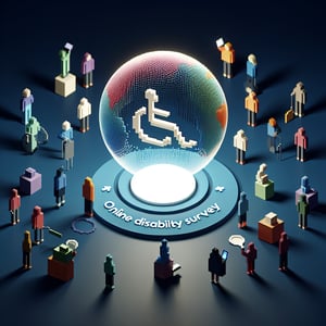 3D voxel art depicting the concept of online disability survey questions on a dark blue background.