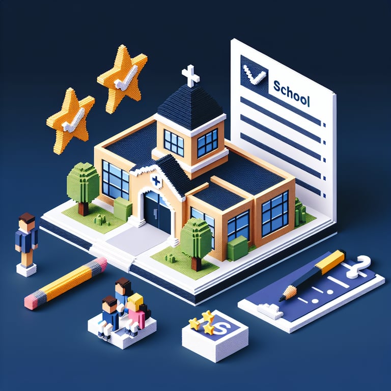 3D voxel art depicting online surveys related to parent satisfaction in Catholic schools.