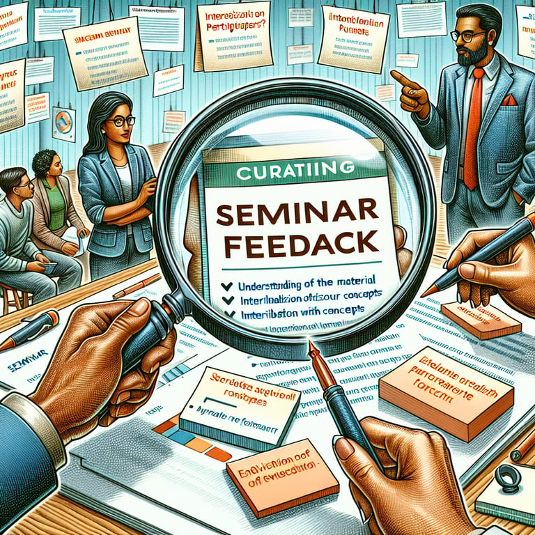 Illustration showing relevant topics for Seminar Feedback survey questions.