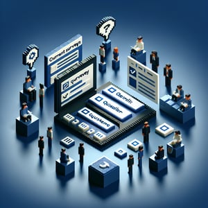 3D voxel art depicting online job surveys with engaging elements on a dark blue background.