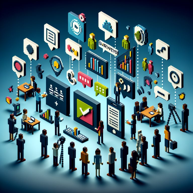3D voxel art depicting online communication skills survey concept on a dark blue background.