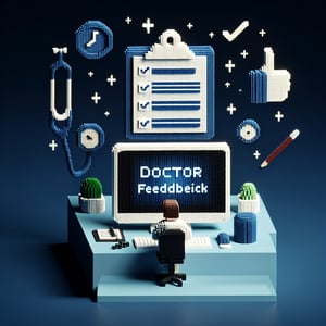 3D voxel art depicting online doctor feedback survey concept on a dark blue background.
