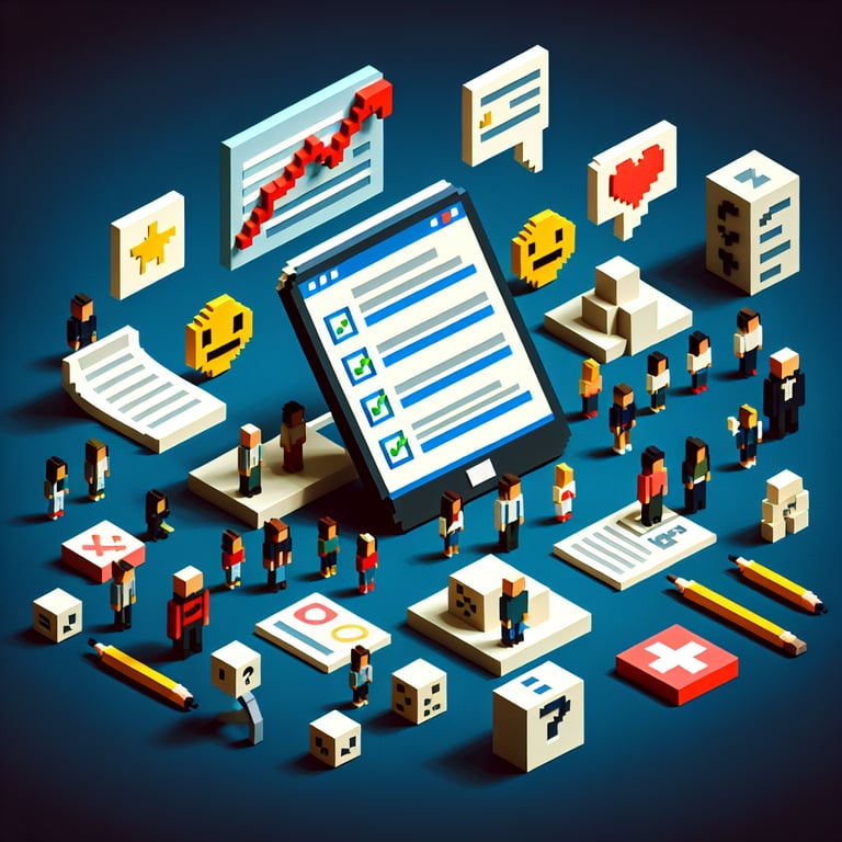 3D voxel art depicting online surveys and questions on a dark blue background for employee engagement.