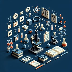 3D voxel art of online surveys with dark blue background, symbolizing science literacy surveys.