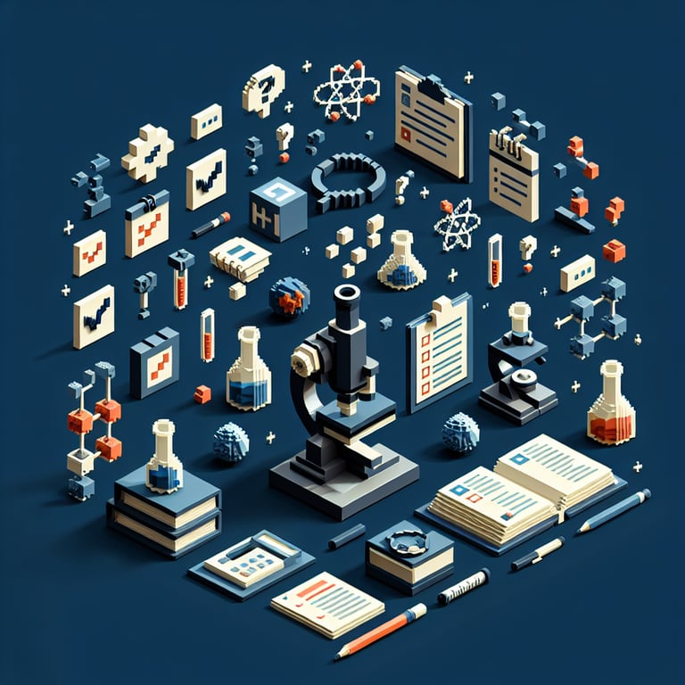 3D voxel art of online surveys with dark blue background, symbolizing science literacy surveys.