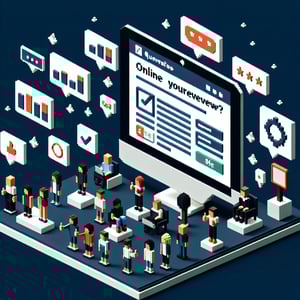 3D voxel art depicting the concept of online surveys and questions with a dark blue background.