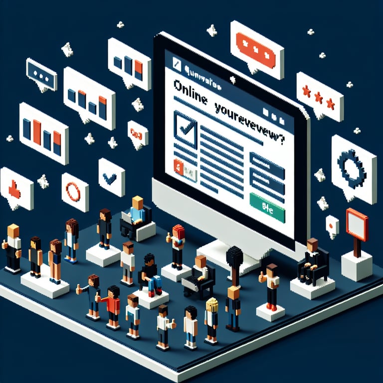 3D voxel art depicting the concept of online surveys and questions with a dark blue background.