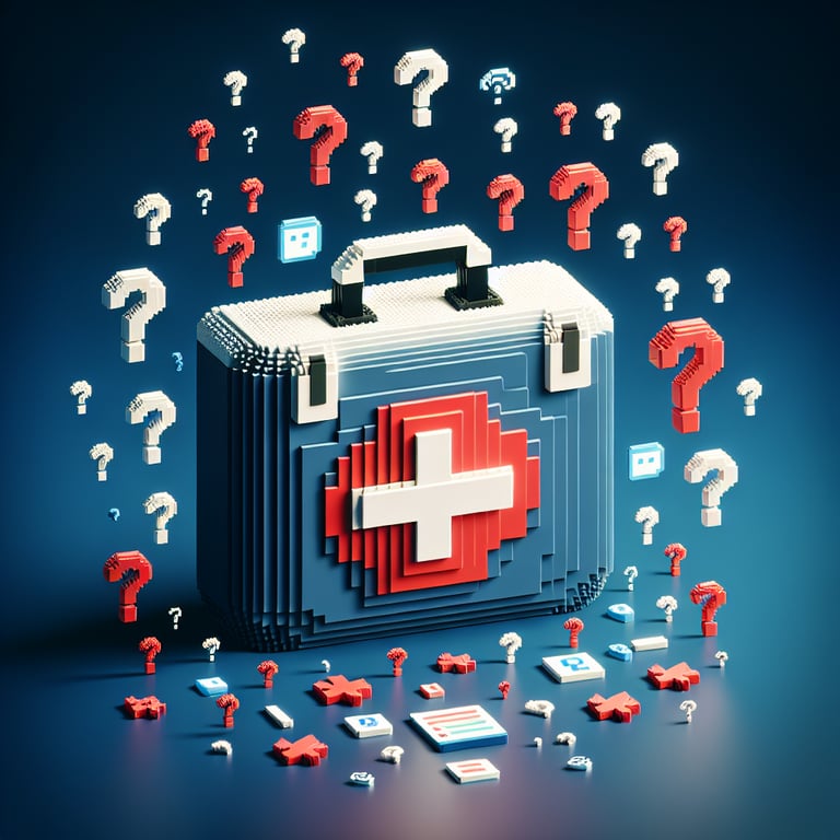 Creative 3D voxel graphic showing an online first aid readiness questionnaire