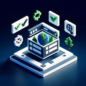 3D voxel art depicting online environmental political surveys on a dark blue background.