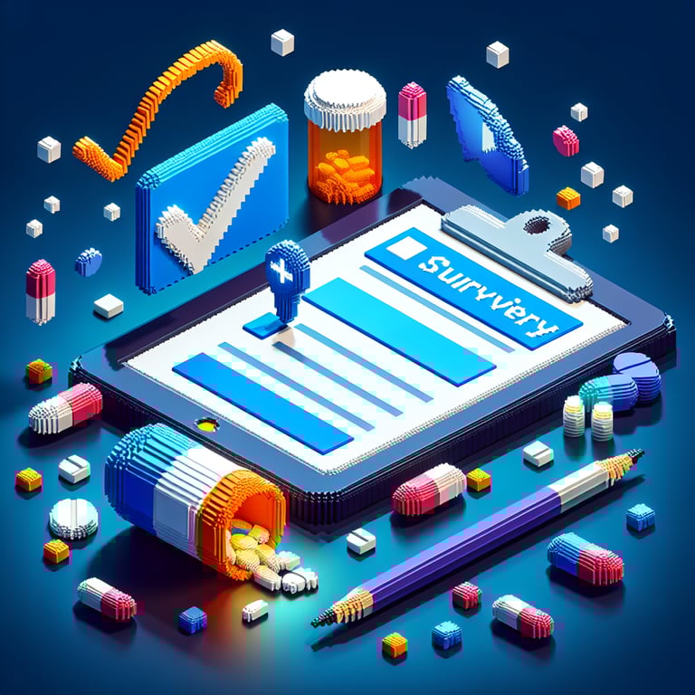 3D voxel art depicting the concept of online medication surveys on a dark blue background.