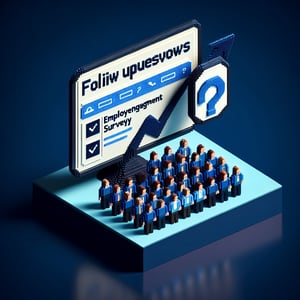 3D voxel art depicting online surveys on a dark blue background, symbolizing employee engagement follow-up questions.