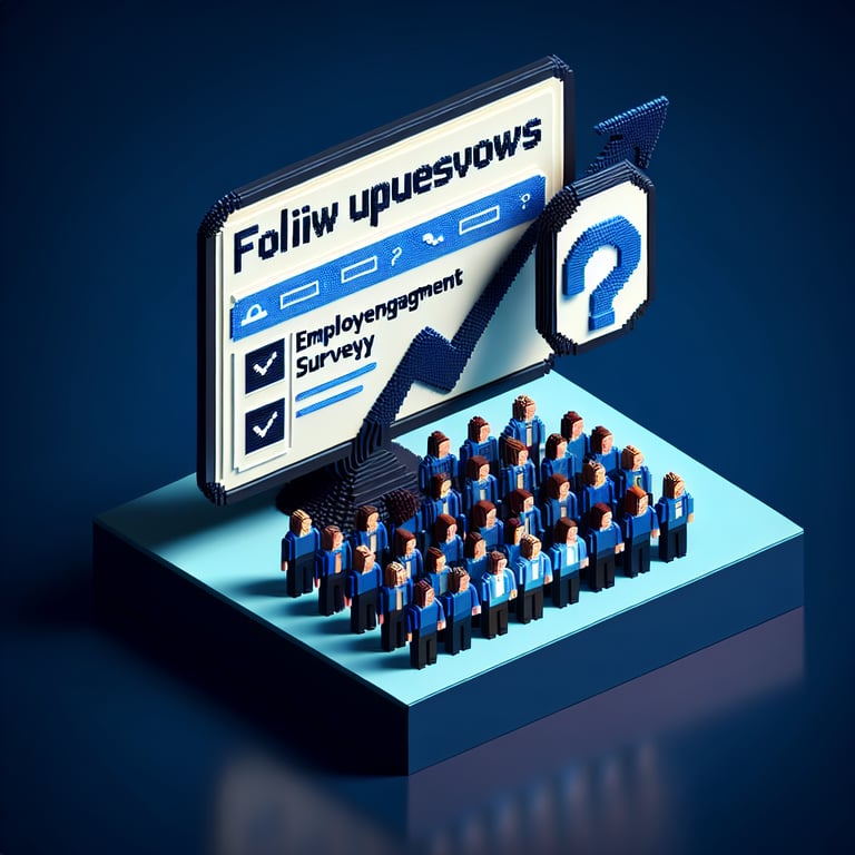 3D voxel art depicting online surveys on a dark blue background, symbolizing employee engagement follow-up questions.