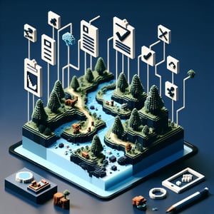 3D voxel art representing online ecotourism surveys on a dark blue background.
