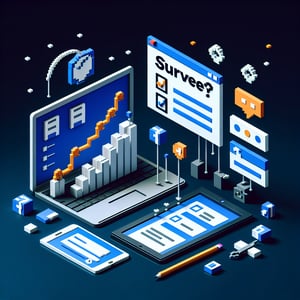 3D voxel art depicting online surveys, symbolizing questions about social networking sites, on a dark blue background.
