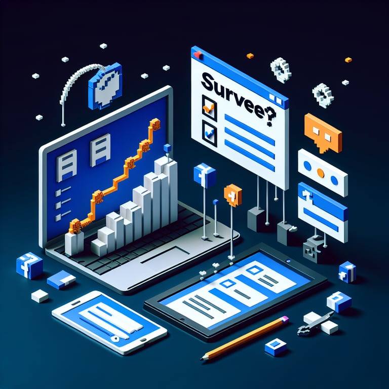 3D voxel art depicting online surveys, symbolizing questions about social networking sites, on a dark blue background.