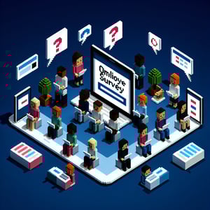 3D voxel art depicting online surveys, symbolizing best employee survey questions.