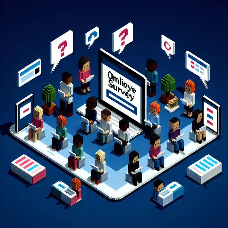 3D voxel art depicting online surveys, symbolizing best employee survey questions.